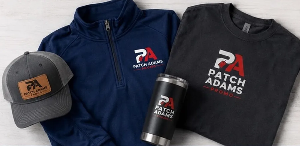 Patch Adams Promo branded cap, quarter-zip pullover, tumbler and t-shirt, a concept mockup of custom apparel and promo products